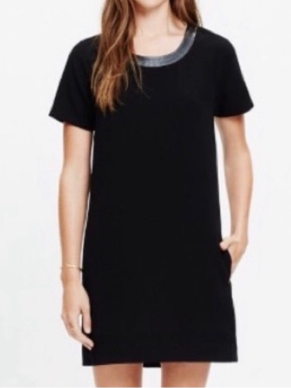 Madewell Black Shift Dress with Leather Neckline and Pockets Size M